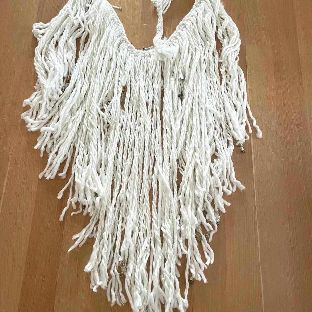 Anthropologie Braided Fringe Garland Ivory Yarn with Beads Charms & Little Bells